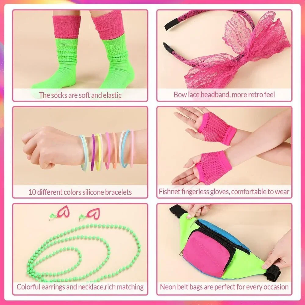 Neon Retro Fanny Pack Socks Hairband Fishnet Gloves 80s Costume Accessory